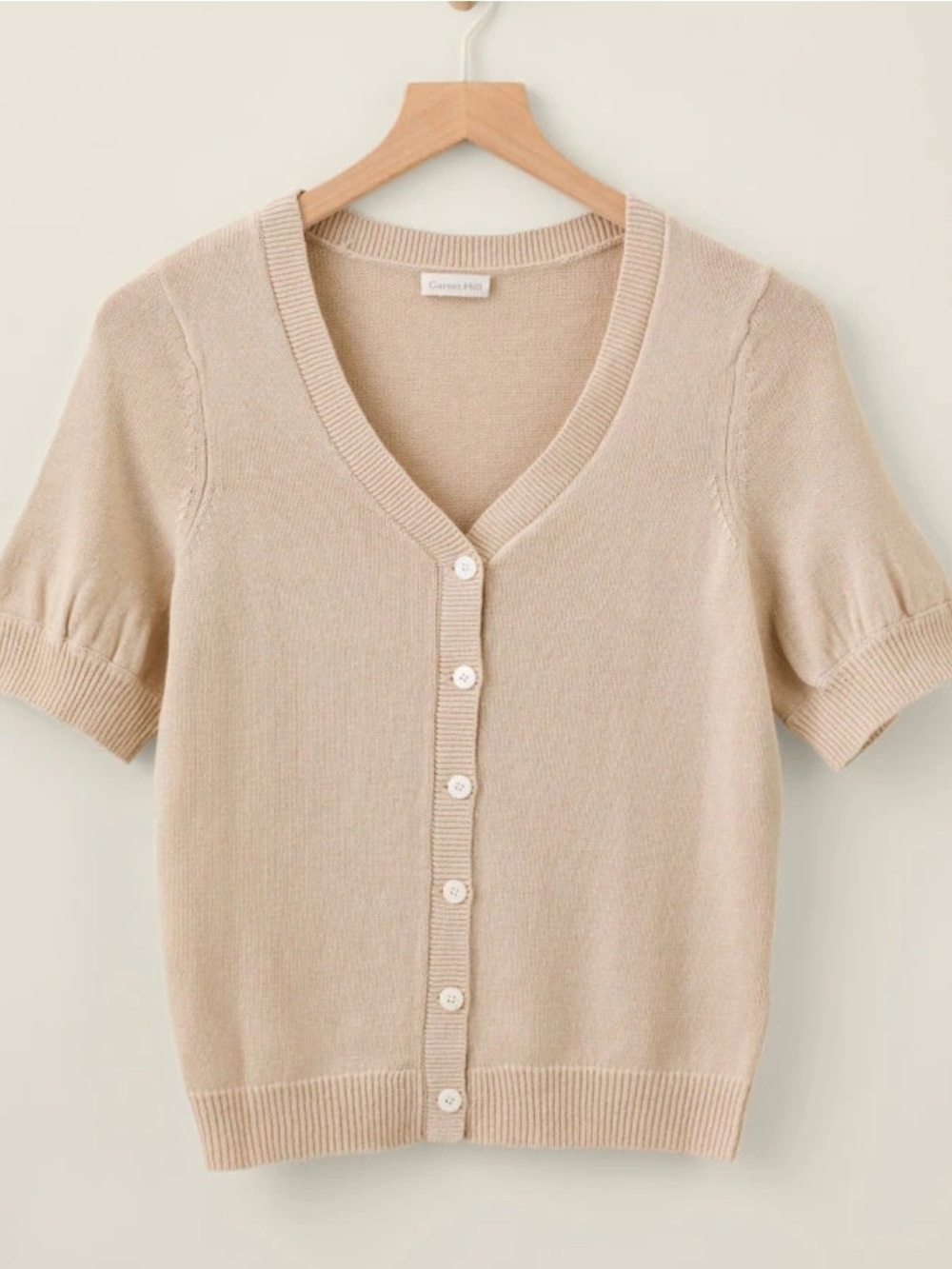 Garnet Hill Linen Organic Cotton Cottagecore V-Neck Short Sleeve Cardigan Beige